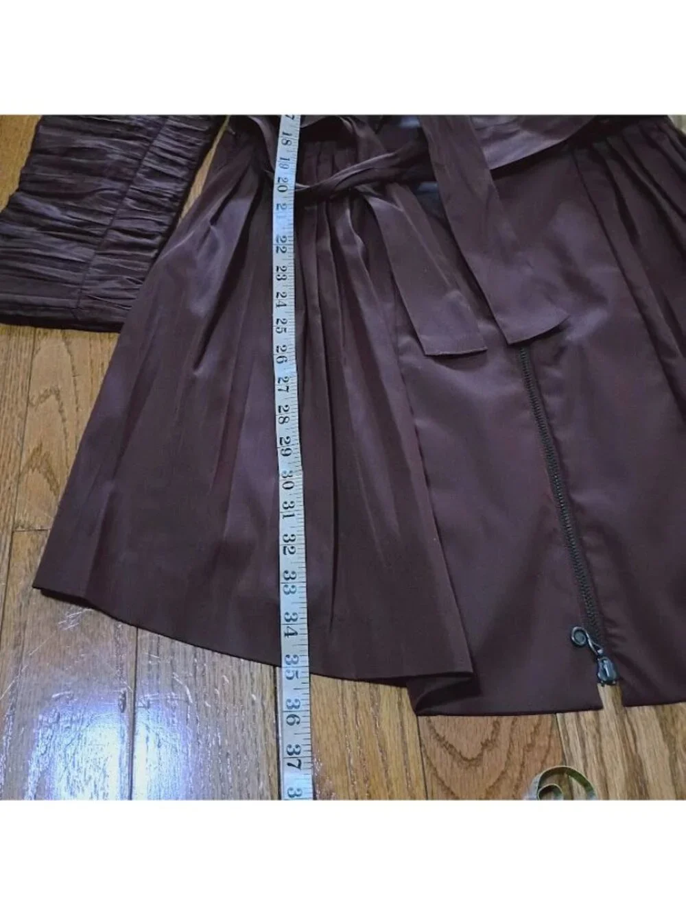 Samuel Dong Brown Ruched Long Sleeve Coat Dress With Belt High Collar & Full Ski - Picture 8 of 13
